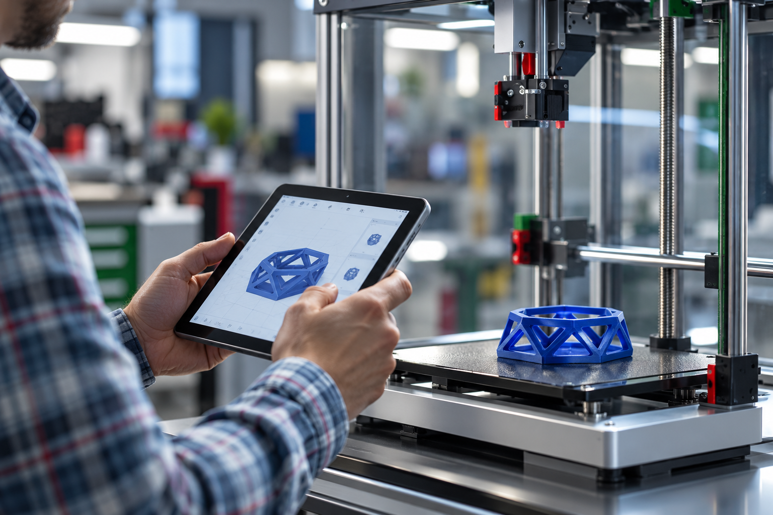 Cena ilustrativa de um modelo azul em um tablet ao lado da peça produzida em uma impressora 3D.